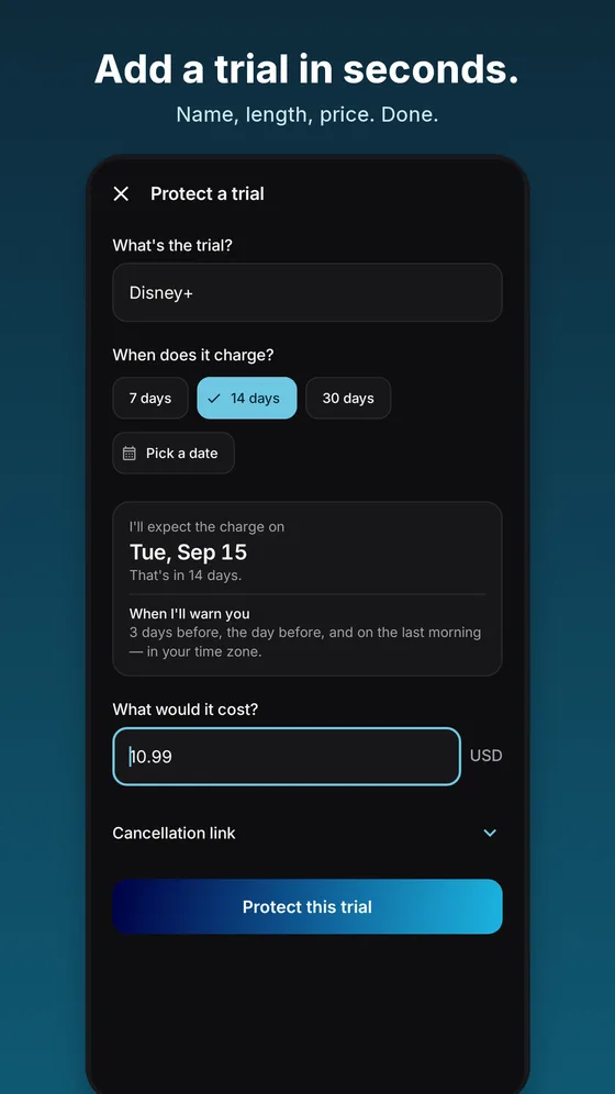 Adding a trial: its name, when it charges (7, 14 or 30 days, or a date you pick) and the price.