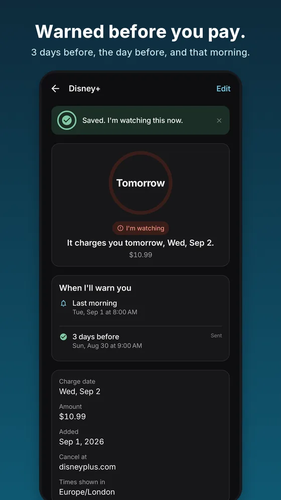 A trial’s detail screen showing the charge date, the amount and when each reminder is sent.