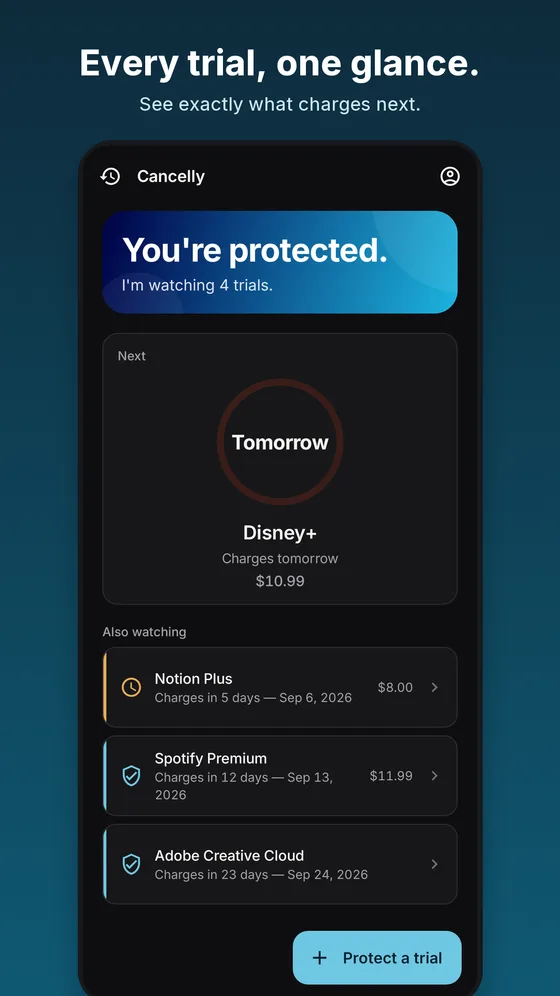 The home screen: “You’re protected”, with the next trial to charge (Disney+, tomorrow) and three more trials being watched.