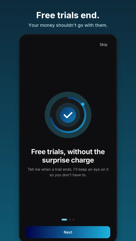Cancelly’s welcome screen: “Free trials end. Your money shouldn’t go with them.”